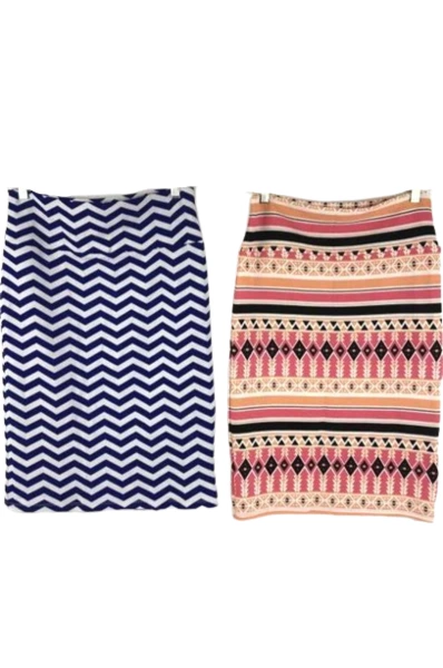 Lot of 2 LuLaRoe Skirts Cassie Knit Pencil Bright Chevron Women's Size Medium
