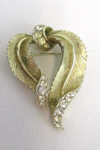 Lot of 3 Vintage Gold Tone Broach Pins Pear Rhinestone Accents Trifari Usner