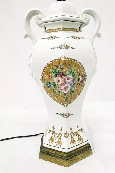 Vintage Ceramic Porcelain Floral Motif Victorian Table Lamp White Shade Tested