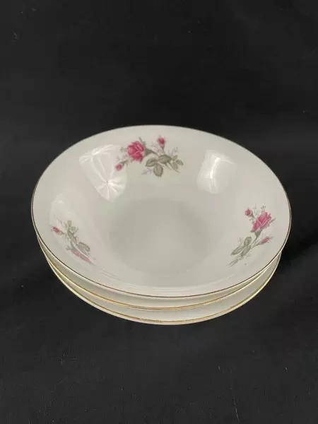 Set of 3 Xiang Shan Porcelain Cereal Bowls Pink Roses Gold Trim 6"