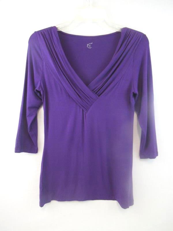 GNW Shirt Top Purple 3/4 Sleeves V-Neckline Rouching Stretch