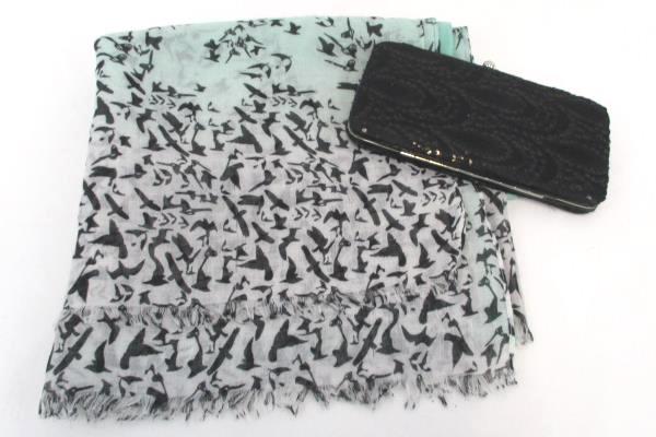 Lot of 2 Women's Accessories Black Clutch Clasp Wallet Teal Bird Print Scarf