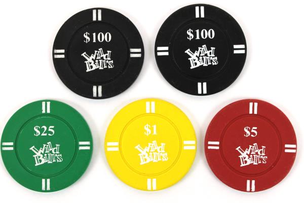 Lot of 5 Wild Bill's Party Casino Chips $1 $5 $25 $100 Poker Table Games Charity