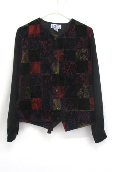 BFA Classics Patchwork Blouse Top Sheer Sleeves Button Up Women's Size 12