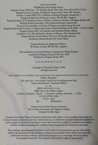 Eat Pray Love Elizabeth Gilbert 2006 Penguin Paperback Book