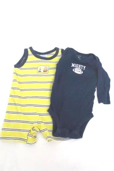 2 Boys Infant One Piece Striped Tank Long Sleeve Football Blue Yellow Sz 6M