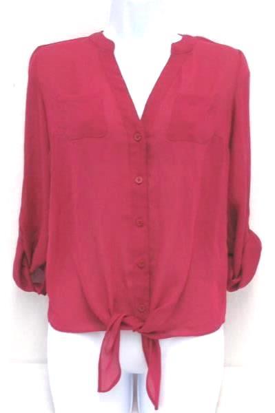 Sheer Tie Top Blouse Shirt Candies Hot Pink Button Up Lace Panel Back Women's S