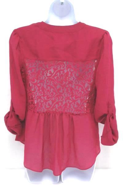 Sheer Tie Top Blouse Shirt Candies Hot Pink Button Up Lace Panel Back Women's S