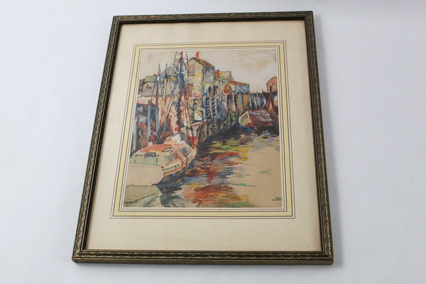 Framed Matted Watercolor Art Print City Harbor Boats 14.75x11.75
