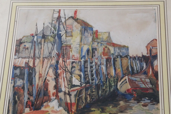 Framed Matted Watercolor Art Print City Harbor Boats 14.75x11.75