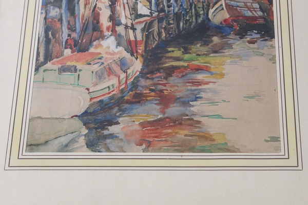 Framed Matted Watercolor Art Print City Harbor Boats 14.75x11.75