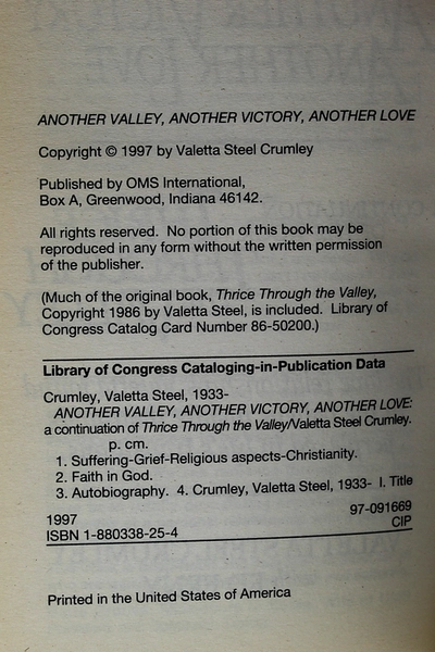 Another Valley Another Victory Another Love by Valetta Steel Crumley PB
