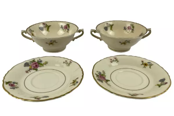 Lot of 2 Vintage Syracuse China Soup Bowls & Saucers Floral Gold Accents