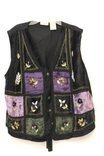 White Stag Black & Purple Crushed Velvet Floral & Trim Vest Women's XL 16/18