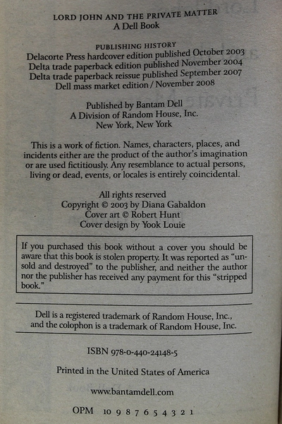 Diana Gabaldon Lord John And The Private Matter 2008 Paperback Book