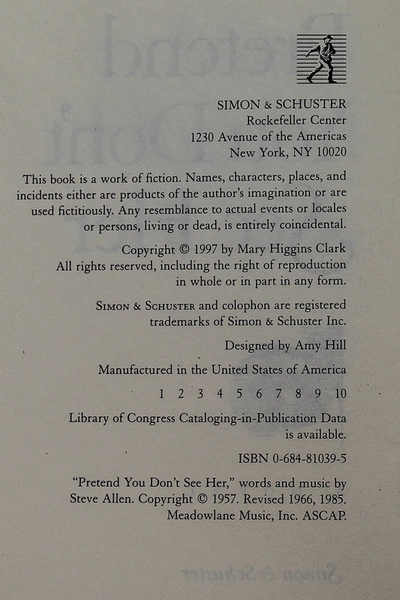 Mary Higgins Clark Pretend You Don't See Her 1997 Hardcover Book - Good