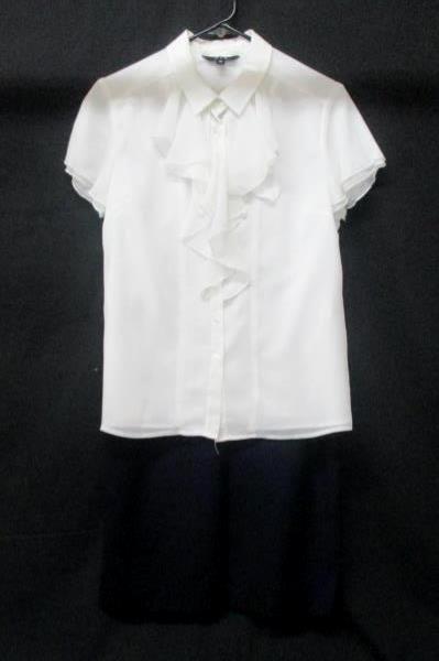 Women's Career Outfit Blouse Skirt White Blue Ruffles Pleated Size M/8