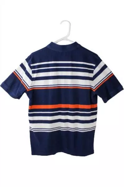Lands' End Men's Medium Polo Shirt Navy Blue White Orange Stripe Good Condition