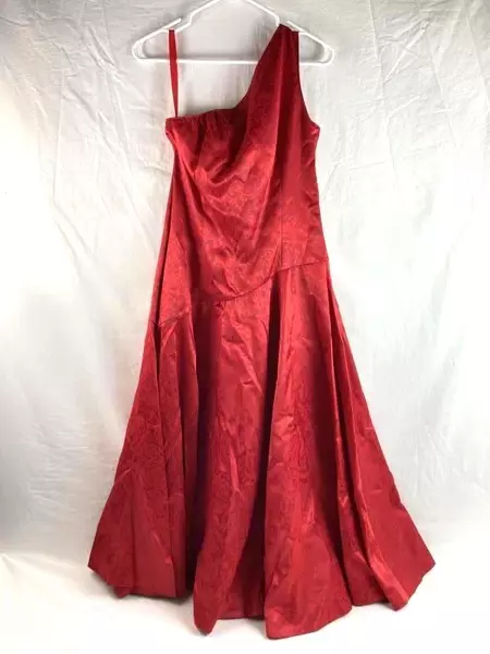 One Shoulder Red Floral Sateen Midi Dress Women's Size 10 Very Good Condition