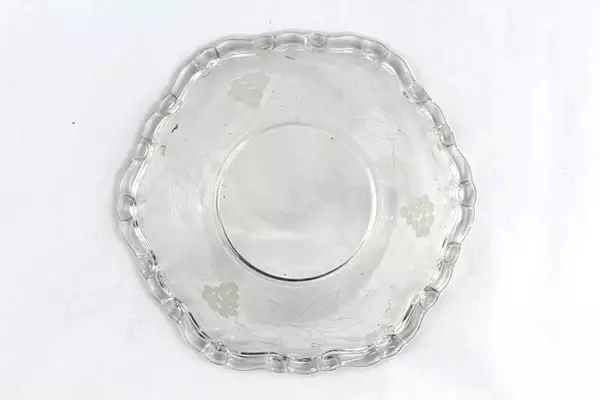 Pressed Glass Grapes and Leaves Serving Bowl Vintage Clear Scroll Scalloped Rim