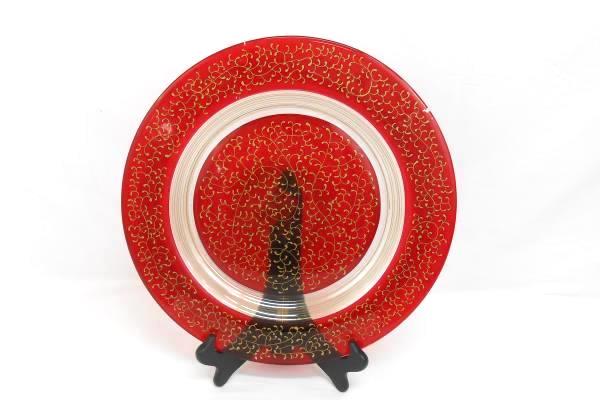 Pier 1 Red Mouth Blown Handcrafted Swirl Serving Decorative Plate Stand Red Gold