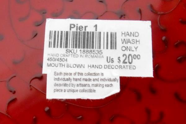 Pier 1 Red Mouth Blown Handcrafted Swirl Serving Decorative Plate Stand Red Gold