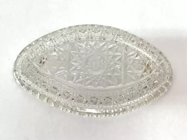 Vintage Oval Hobstar Button Celery Bowl Sawtooth Rim Clear Glass 8.5in Long
