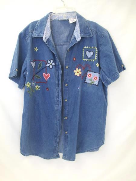 Bobbie Brooks Women's Button Up Blouse Jean Floral 100% Cotton Size M (8/10)