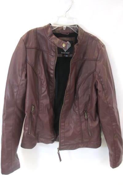 Brave Soul Women's Polyester Faux Fur Lined Jacket Burgundy Zip Down Size L