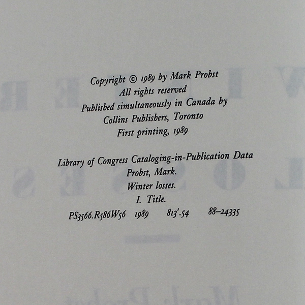 Winter Losses by Mark Probst 1989 Hardcover Novel in Good Condition