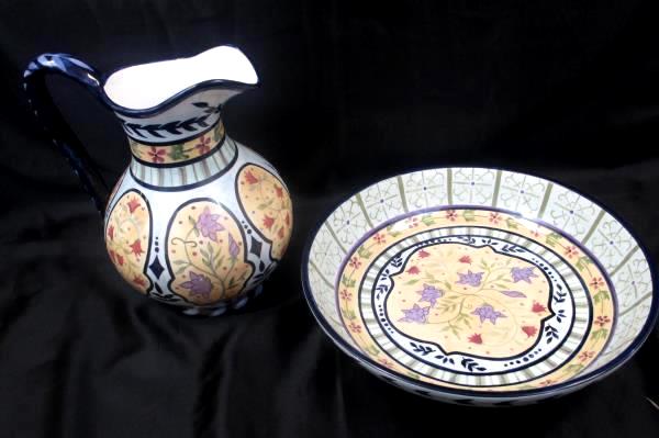 Vintage Capriware Pitcher Vase Water Dish Bowl Hand Painted Floral Multi-Colored