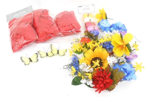 Craft Project Lot of Artificial Flowers Butterflies Rose Petals Curly Ribbon