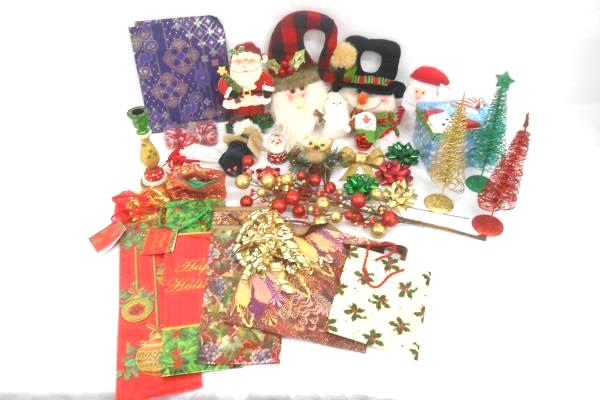 Lot of Christmas in July Decor Wrap Ornaments Bows Sparkly Trees Bells Door Hang