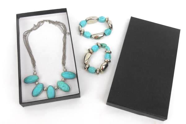 Vintage Set of 3 Faux Turquoise Silver Tone Metal Necklace w/ Matching Bracelets