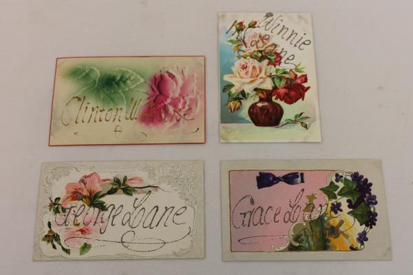 Lot of 4 Postcards Early 1900's Floral Embossed Gold Lettering Lane Family