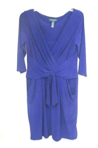 Ralph Lauren Dress Solid Blue Waist Tie Pockets Women's Size 10