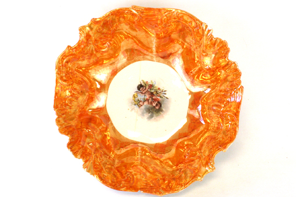 JPF Germany Art Display Bowl With Cupids and Ornate Textured Orange Rim