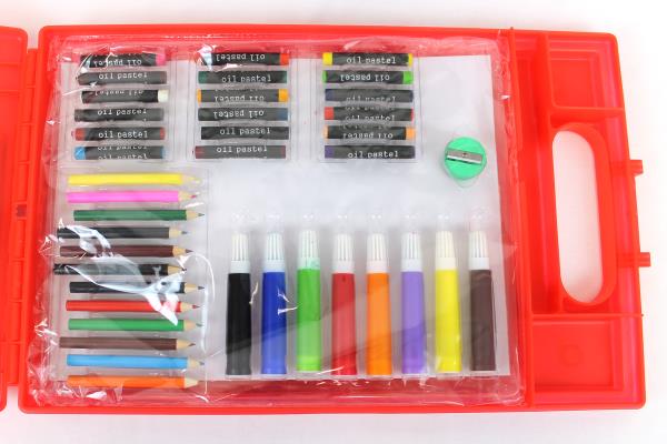 Red Dexas Storage Clipboard w/ Art Supplies - Never Used Markers Crayons Pencils