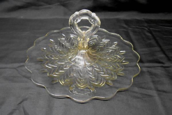 Glass Serving Tray Center Handle H'orderves Ring Scalloped Clear
