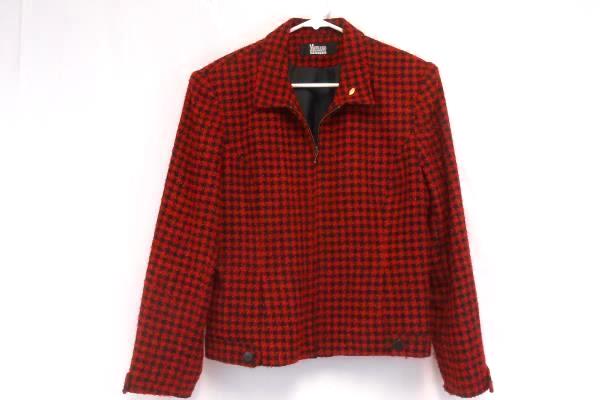 Women's Modiano Petite Red Black Herringbone Pattern Zip Up Jacket Coat