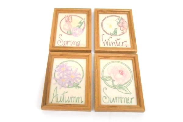 Set of 4 Framed Vintage Embroidery Floral Wall Decor Spring Winter Summer Autumn