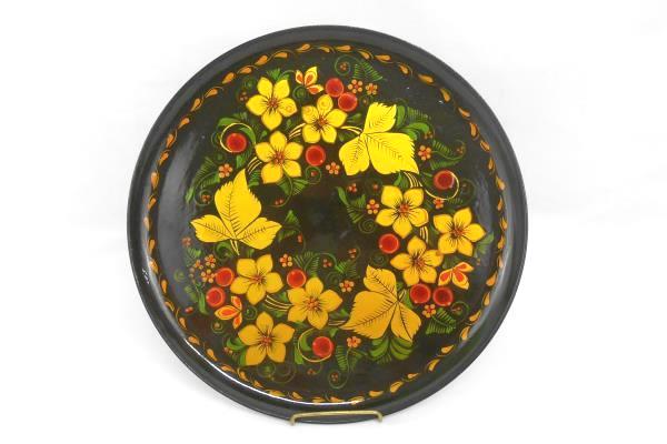 Russian Style Malamine Laquered Plate Flower & Leaves Red Gold & Green