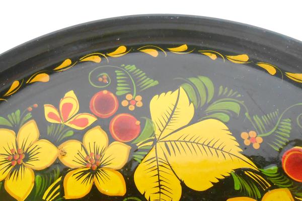 Russian Style Malamine Laquered Plate Flower & Leaves Red Gold & Green