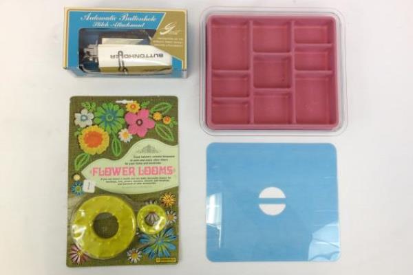Vintage Lot of Sewing Crafting Accessories Buttonholer Flower Looms Tray Needles