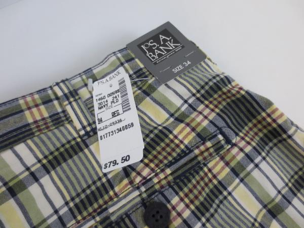 Men's JOS A BANK 100% Cotton Plaid Blue Green Checkered Shorts Size 34 NWT