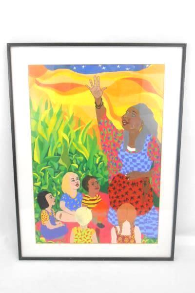 Framed Painting "In Gaia's Garden" Gouache Bright Woman & Children 18" x 24.5"