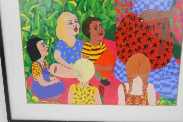 Framed Painting "In Gaia's Garden" Gouache Bright Woman & Children 18" x 24.5"