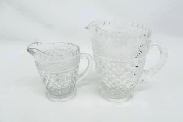 2 Clear Pressed Glass Diamond Pattern Creamer Pitchers
