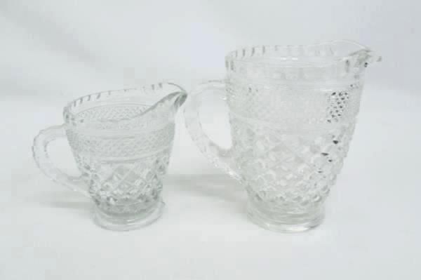 2 Clear Pressed Glass Diamond Pattern Creamer Pitchers