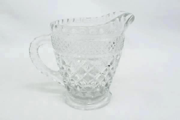 2 Clear Pressed Glass Diamond Pattern Creamer Pitchers